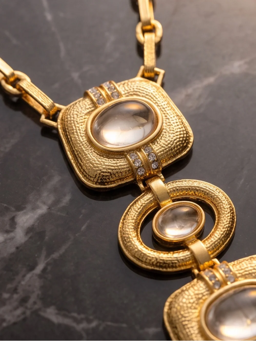 Gold-Tone Textured Necklace and Drop Earring Set with Cabochon Centers